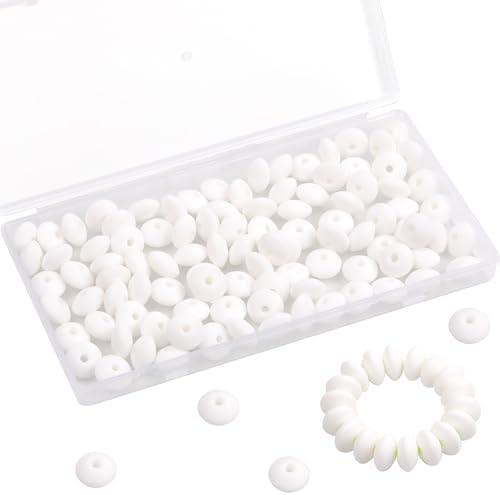 GMMA 100 Pcs White Silicone Lentil Beads for pens Loose Spacer Beads Bulk 12 mm Focal Beads for Keychain Making Jewelry Accessories Bracelet Beads for Jewelry Making (White), Pack of 