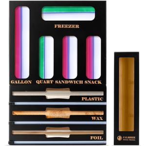 Calmbee 9 in 1 Bamboo Storage Bag Organizer for Kitchen Drawer  Plastic Wrap Dispenser with Cutter & Foil Organizer, Wooden Baggie Organizer for Sandwich, Snack, Gallon, Quart Sizes, Black