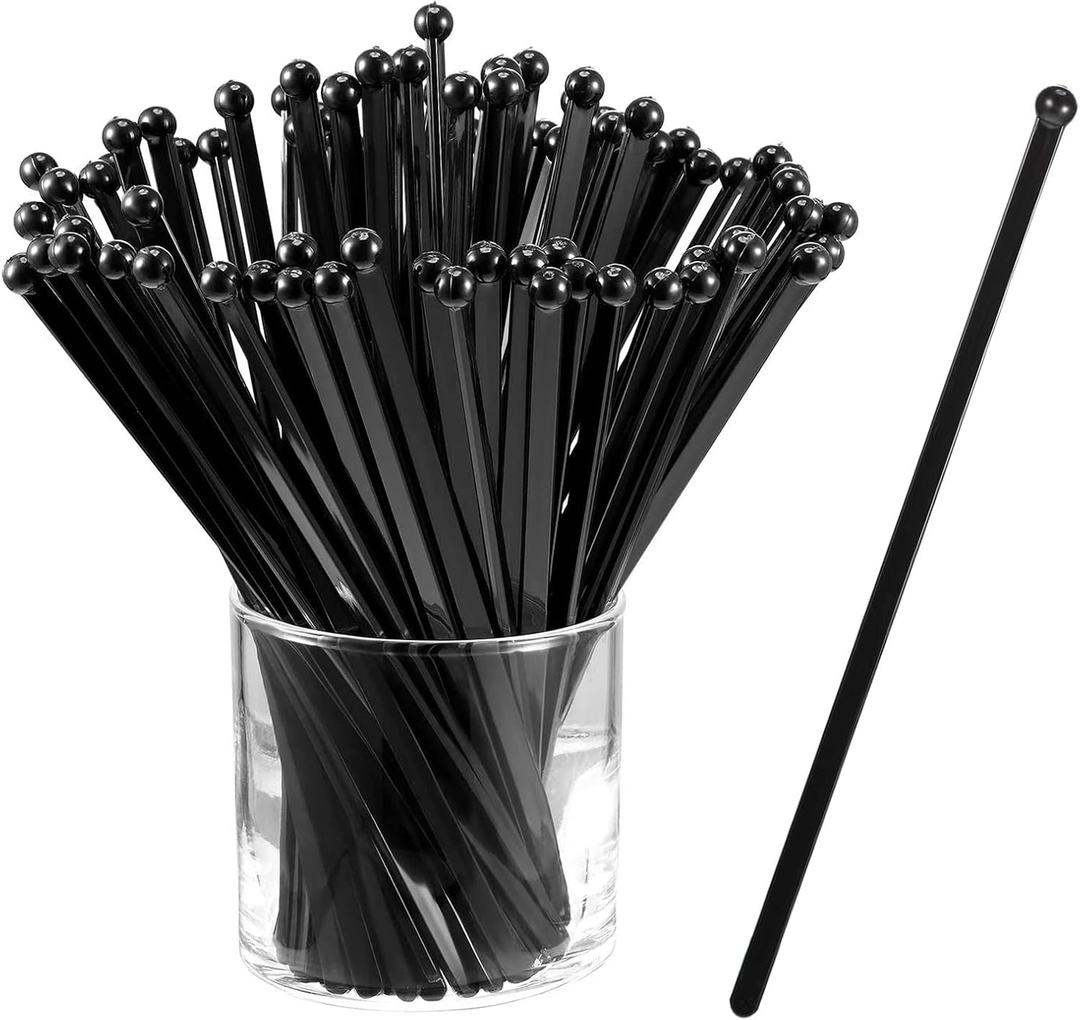 100 Pieces Ball Head Stirrer Disposible Plastic Round Top Crystal Swizzle Sticks, Crystal Cake Pops, Cocktail Coffee Drink Stirrers, Black