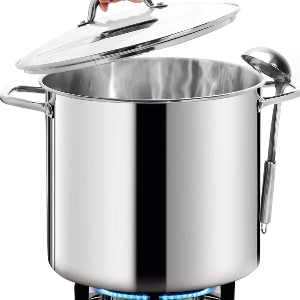 HOMICHEF LARGE STOCK POT 24 Quart With Lid - Nickel Free Stainless Steel Cookware Stockpot 24 Quart - Healthy Cookware Polished Stockpots - Heavy Duty Induction Pot Soup Pot With Lid (Big 24 Quart, Mirror Polished Stainless Steel)
