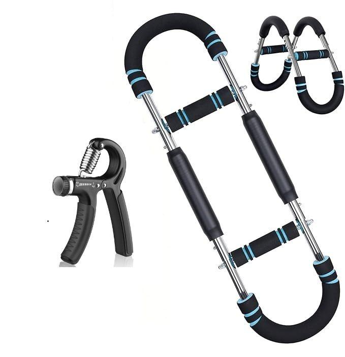 Twister Arm Trainer, 60-100lb Adjustable Chest & Arm Workout Tool, Compact Twister Arm Strengthener, Portable Power Twister Bar with Snap - Together Detachable Design for Fitness Anywhere(Blue) with Grip Strength Trainer