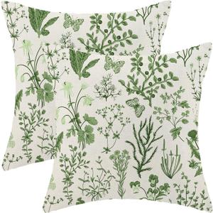 AEIOAE Summer Pillow Covers 16x16 Inch Set of 2,Olive Green Wild Flower Plant Throw Pillows Case,Seasonal Floral Outdoor Decorative Square Linen Farmhouse Decor Cushion Covers for Home Sofa Bed Couch