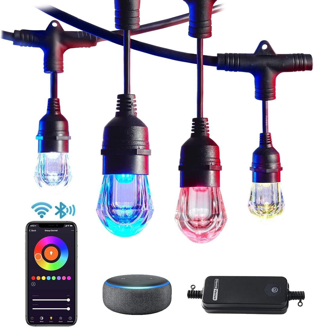 HVS Smart Outdoor String Lights LED 36Ft Color Changing RGBW Patio String Lights Infinite Connectable APP Control 2.4GHz WiFi Waterproof 18 Acrylic Work with Alexa Google for Party Outside Cafe