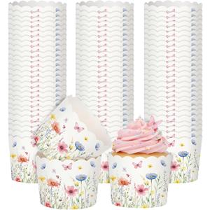 Qinyoung 150 Pcs Wildflower Cupcake Wrappers Liners Floral Paper Baking Cups Greaseproof Disposable Scalloped Flower Cupcake Muffin Cases for Spring Summer Wedding Baby Shower Birthday Tea Party Decor