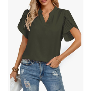 Kate Kasin Womens Dressy Blouses Summer Puff Petal Short Sleeve Shirts V Neck Business Casual Work Tops, Army Green, XXL