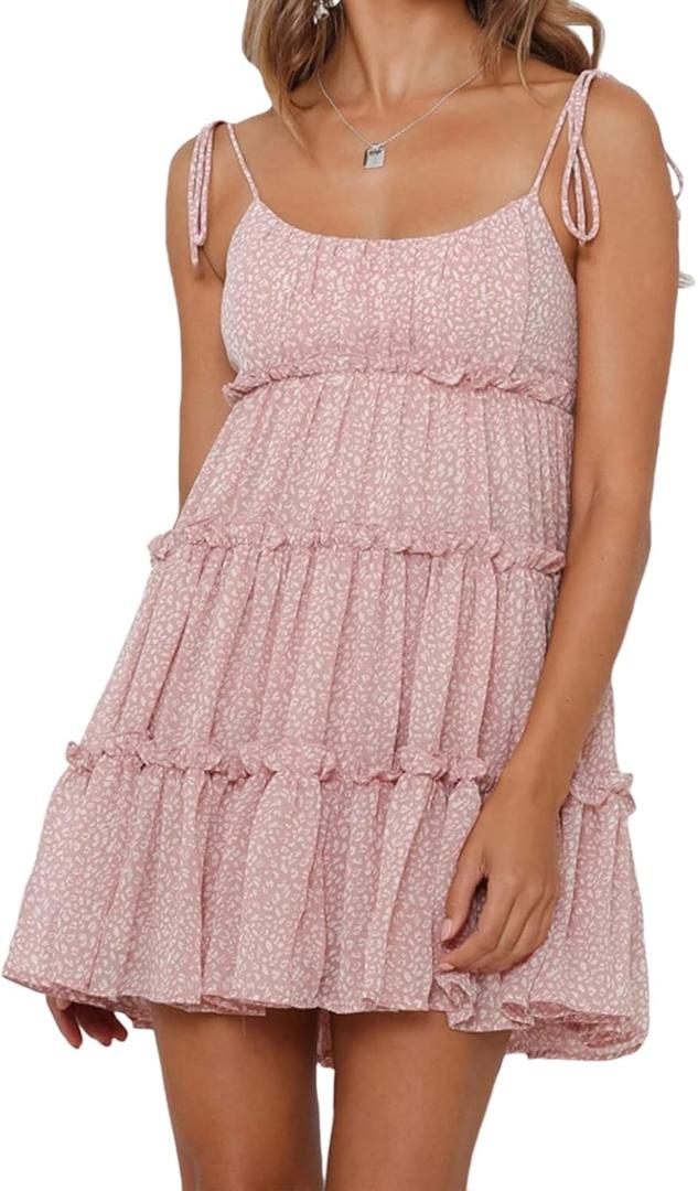 Mansy Womens 2026 Summer Floral Mini Dress Boho Flowy Skater Dresses Short Sleeveless Ruffle Spaghetti Strap Dress (Medium, Pink)