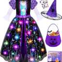 Jeowoqao Light Up Witch Costume for Girls, Witch Dress Up Halloween Costume for Girl Kids 5 6 7 8 Halloween Role Play Set with Witches Hat Trick or Treat Bag