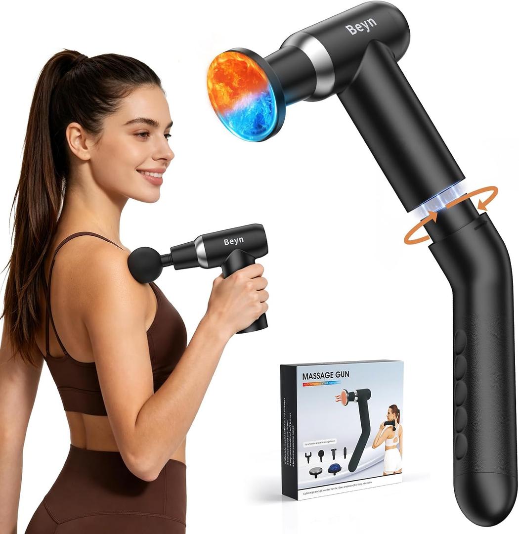 Beyn Hot and Cold Massager Gun with Detachable Extended Handle, 6 Massage Heads & LCD Display - Deep Tissue Massager for Neck Back Body Muscle Pain Relief