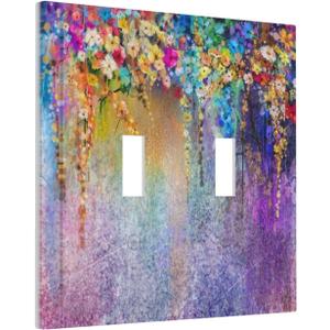 Colorful Floral Watercolor Flower Double Toggle Light Switch Cover Decorative Purple Garden 2 Gang Wall Plate Electrical Faceplate Switchplate for Farmhouse Bathroom Bedroom Living Room Decor