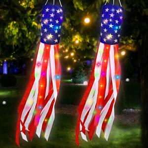 4th of July Decorations, 2 Pack 40 Inch American Flag Windsock with Lights Red White Blue Star Stripes Patriotic Windsock Hanging Decorations Memorial Day Independence Day Fourth of July Outdoor Decor