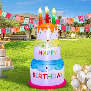 6FT Happy Birthday Inflatable Cake with Candles Built-in LED Lights Blow Up Yard Decoration for Indoor Outdoor Garden Lawn Patio Party Holiday