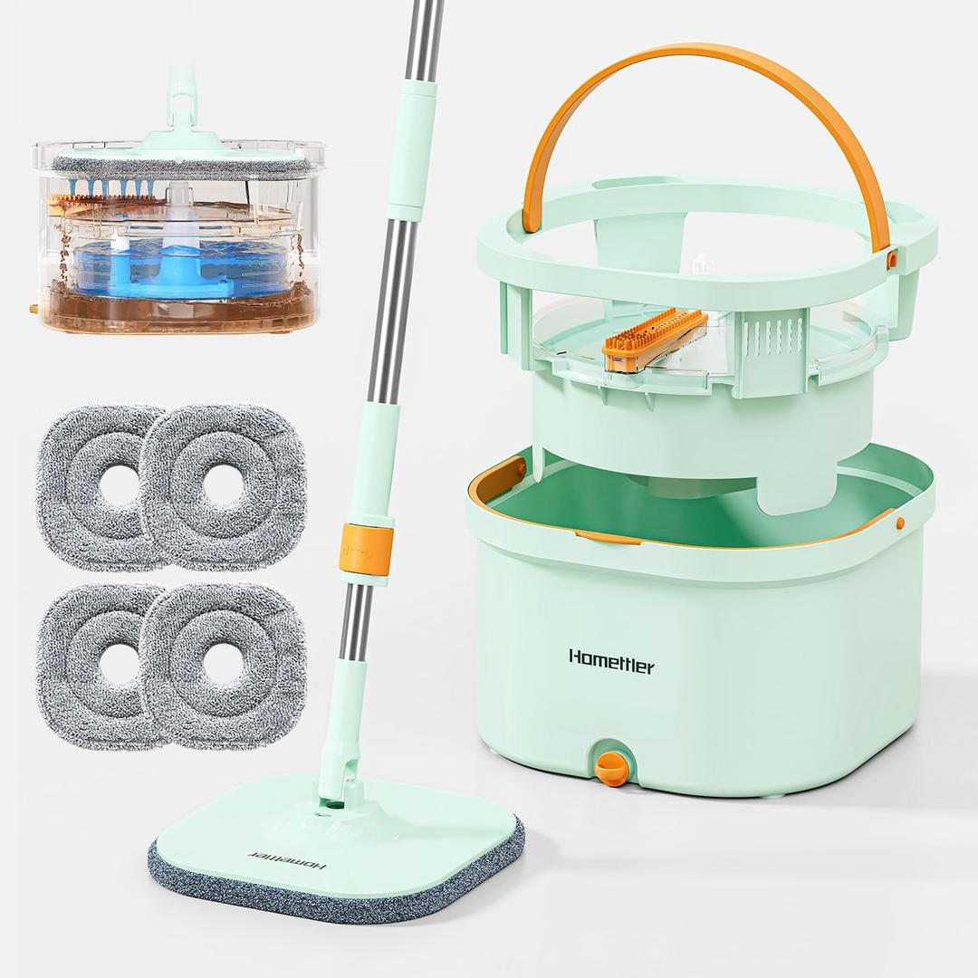 Spin Mop and Bucket Set with Detachable Inner Mop Bucket, Mops and Buckets for Floor Cleaning Includes 4 Replaceable Thick Microfiber Mop Pads