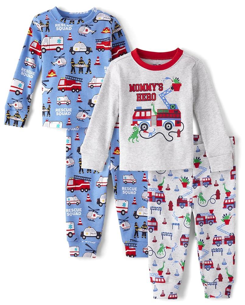 The Children's Place Baby Boys' and Toddler Long Sleeve Top and Pants Snug Fit 100% Cotton 4 Piece Pajama Set Size (12-18) months