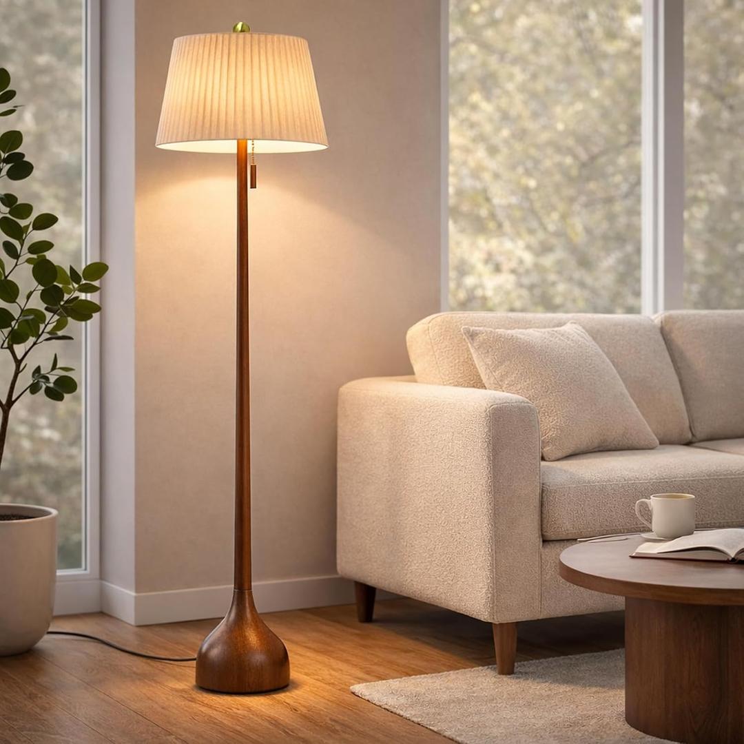 MOFFE 65" Mid Century Modern Vintage Real Wood Floor Lamp with 2 Shades for Two Looks, Sculptural Standing Lamp with Teardrop Base & Wooden Pull Chain for Living Room Bedroom Sofa Side (Bulb Included) (Amber Walnut)