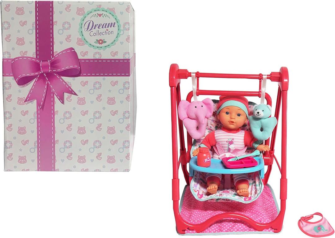 DREAM COLLECTION, Baby Doll 4-in-1 High Chair Play Set - Lifelike Baby Doll and Accessories for Realistic Pretend Play, Posable Soft Toy - 12 (Teal & Magenta)