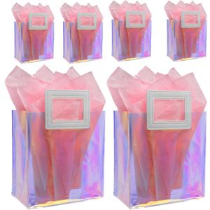 Caleihd 6PCS Holographic Clear Gift Bags with Tissue Paper, 7.9 * 7.1 * 3.9 inch with Handles,Treat Bags Goody Bags,for Christmas, Birthday Party, Weeding Gift Bags Party Supplies