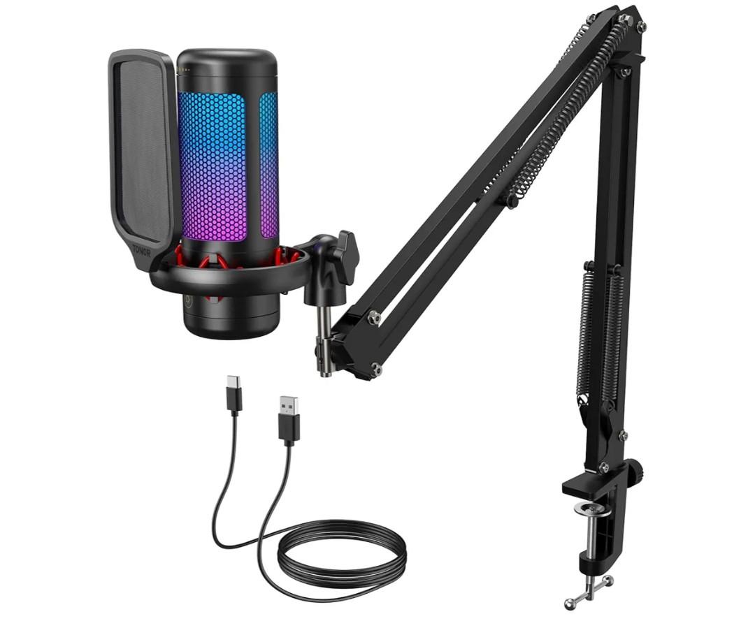 TONOR Gaming Microphone Set with Boom Arm, Vocal Condenser Microphone for PC with Stand, USB Mic with controllable RGB Light, One Tap Mute, Volume Control, for Discord, Twitch Streaming, TC310+