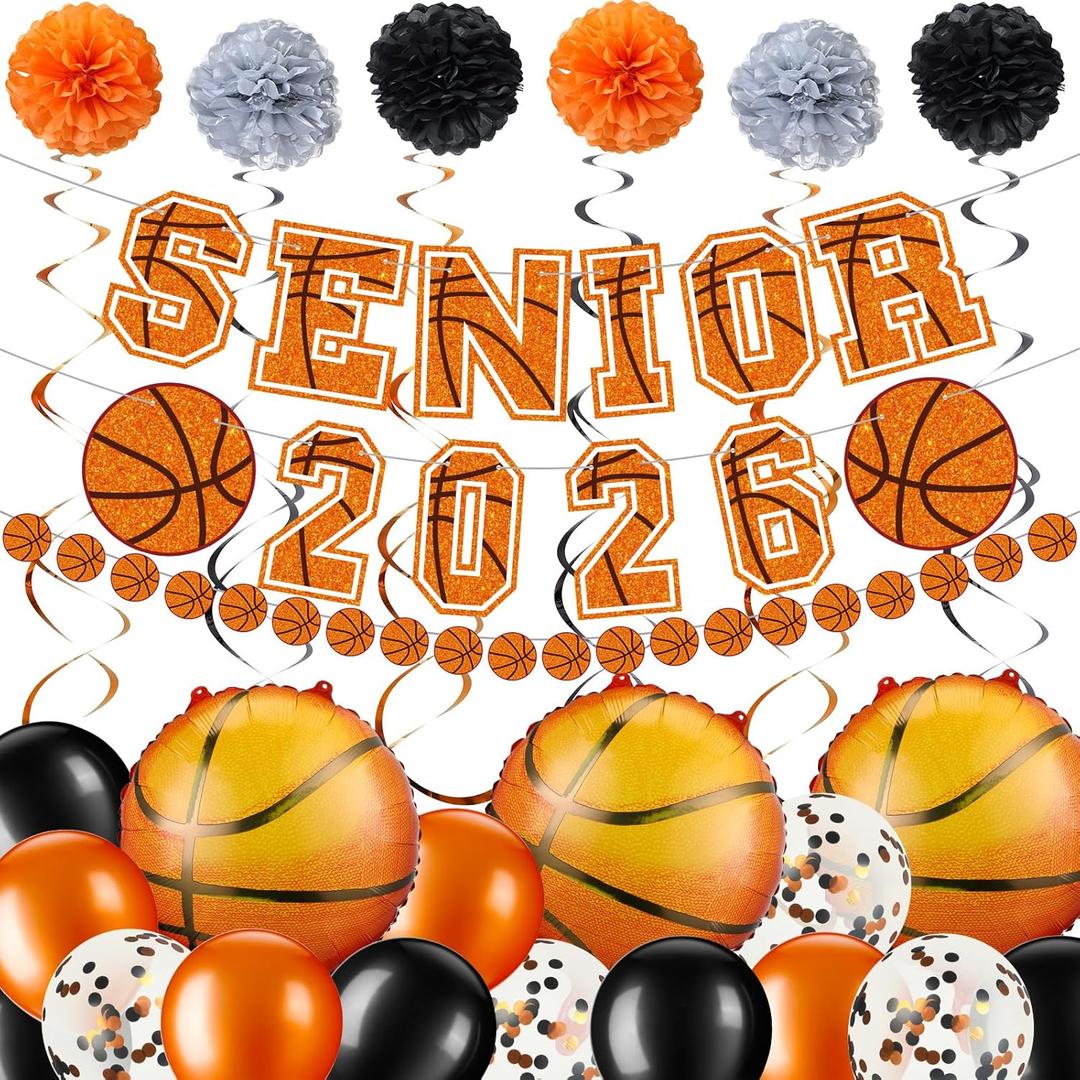 Lunmon 63 Pcs Basketball Senior Night Decorations Includes Basketball Senior 2026 Banners, 18 Inch Foil Balloons 12 Inch Latex Balloons Paper Garland Pompoms Hanging Swirls