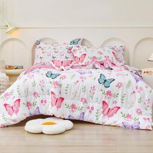 Mooreeke Twin Size Comforter Sets for Girls Kids, 6 Pieces Bed in a Bag Flower and Cat Bedding Comforter Sheet Set with Shams and Decorative Toy Pillow, Ultral Soft Microfiber Kids Bed Set