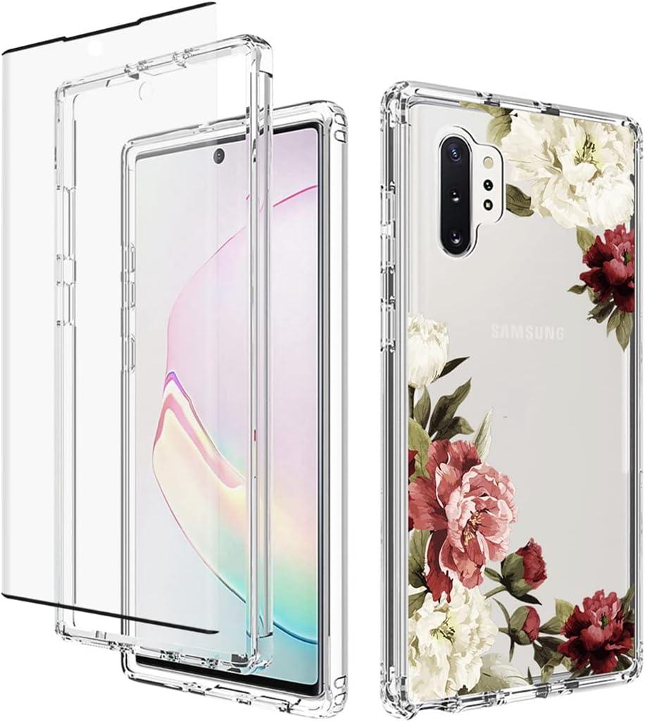 Phone Case for Galaxy Note 10 Plus/Note 10+ 5G N975U Case with Tempered-Glass Screen Protector, Clear Floral Pattern Full Body Protective Cover Cases for Samsung Galaxy Note 10 Plus (Flower)