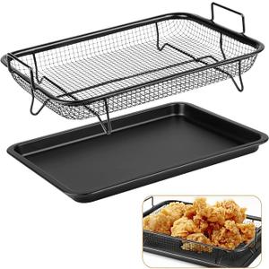 2 Piece Air Fryer Basket for Oven,Stainless Steel Oven Crisping Baskets & Tray Set 12.8 x 9.6 Inch, Air Fryer Basket Rack Oven for Non-Stick & Healthy Cooking (Black)