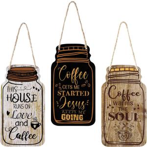 Jetec 3 Pcs Coffee Bar Decor Sign Mason Jar Wall Hanging Plaque Farmhouse Kitchen Decor Wooden Coffee Sign for Kitchen Home Living Room Wall Decorations (Simple Style)