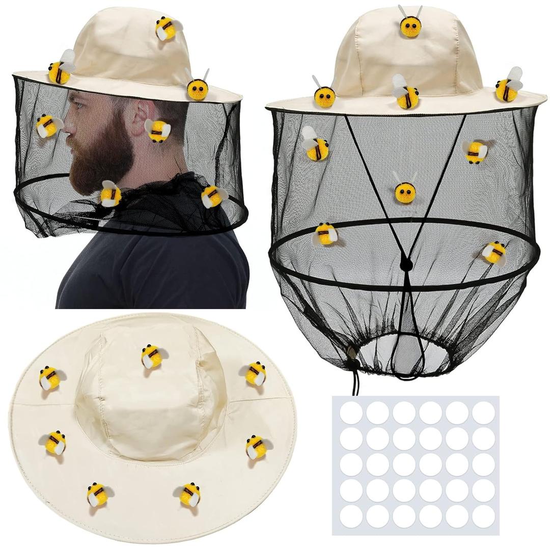 47 Pcs Beekeeper Set, Including 2 Pcs Bee Hat and Veil, 15 Pcs Hairball Bee and 30 Pcs Round Double Sided Tape, Beekeeping Helmet Hats with Netting, for Bee Keeper Halloween Costume (Set - A)