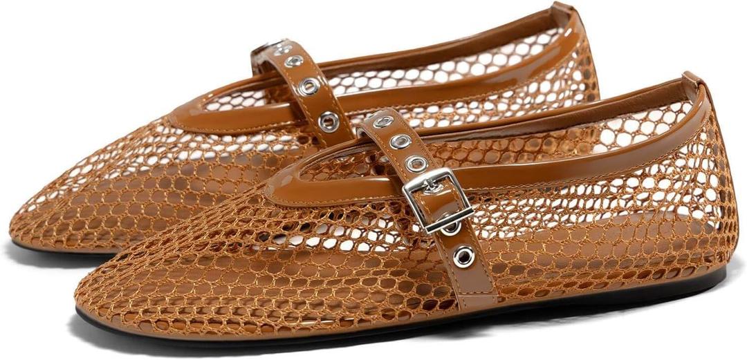 Coutgo Womens Mesh Ballet Flats Mary Jane Fishnet Ballerina Buckle Strap Comfortable Causal Dress Shoes (9.5, Brown)