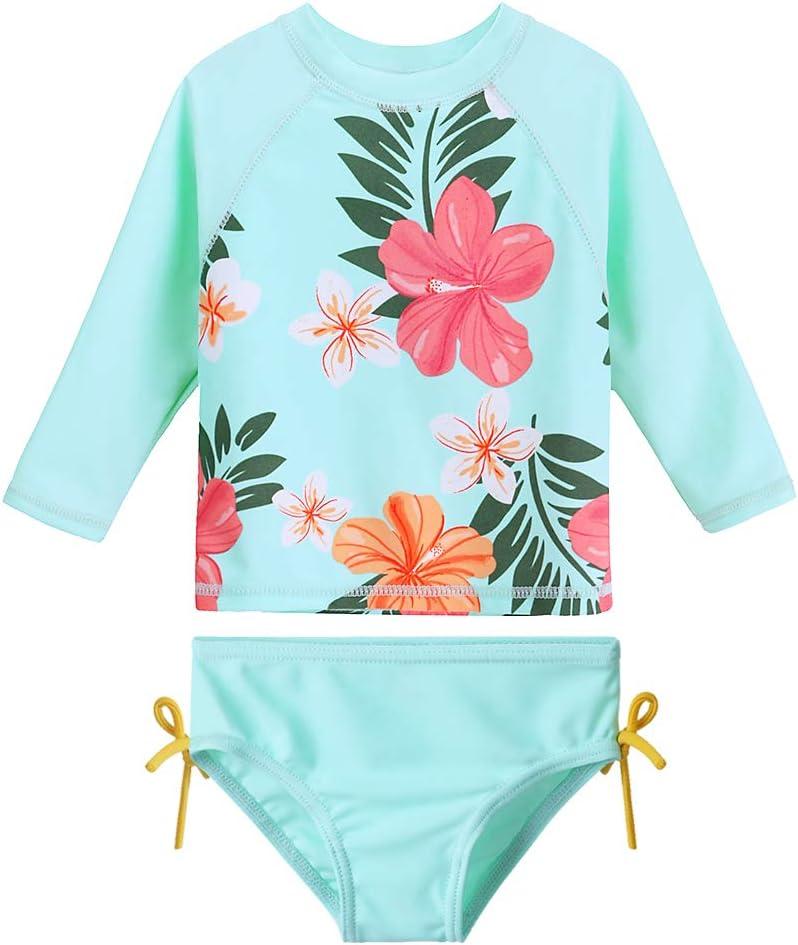HUAANIUE Baby/Toddler Girls 2 Piece Rash Guard Long Sleeve Swimsuit Set (6-12 Months, Aqua)