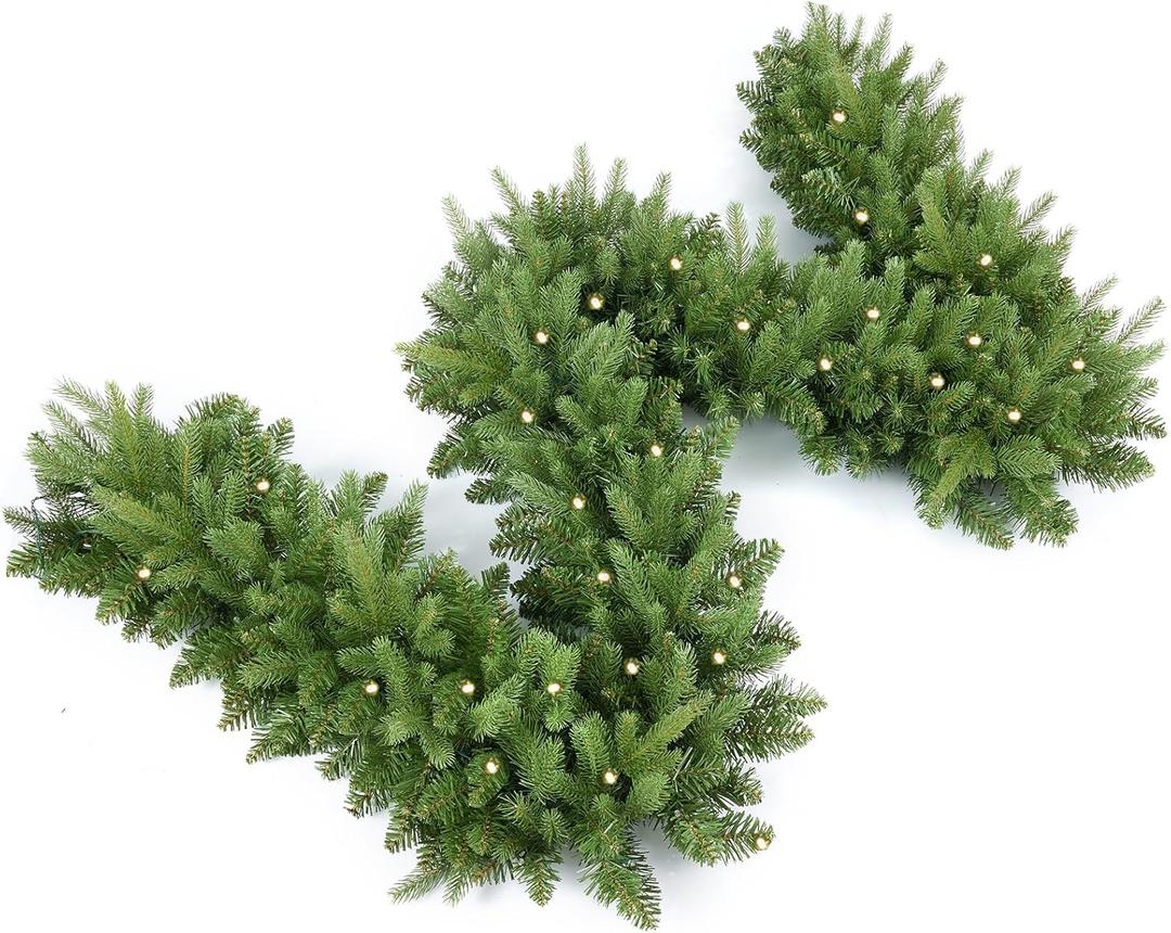 9FT Pre-Lit Artificial Christmas Garland with 50 LED Light Battery Operated, Holiday Decorations with 300 Tip Branch, for Indoor Door Home Stairs Fireplaces Wall