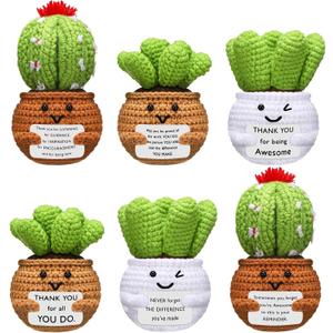 Wavwavw 6 Pcs Employee Appreciation Gifts Bulk Valentines Day Gift for Team Thank You Positive Handmade Crochet Doll with Inspirational Card for Coworker Women Men Office Staff(Cactus)