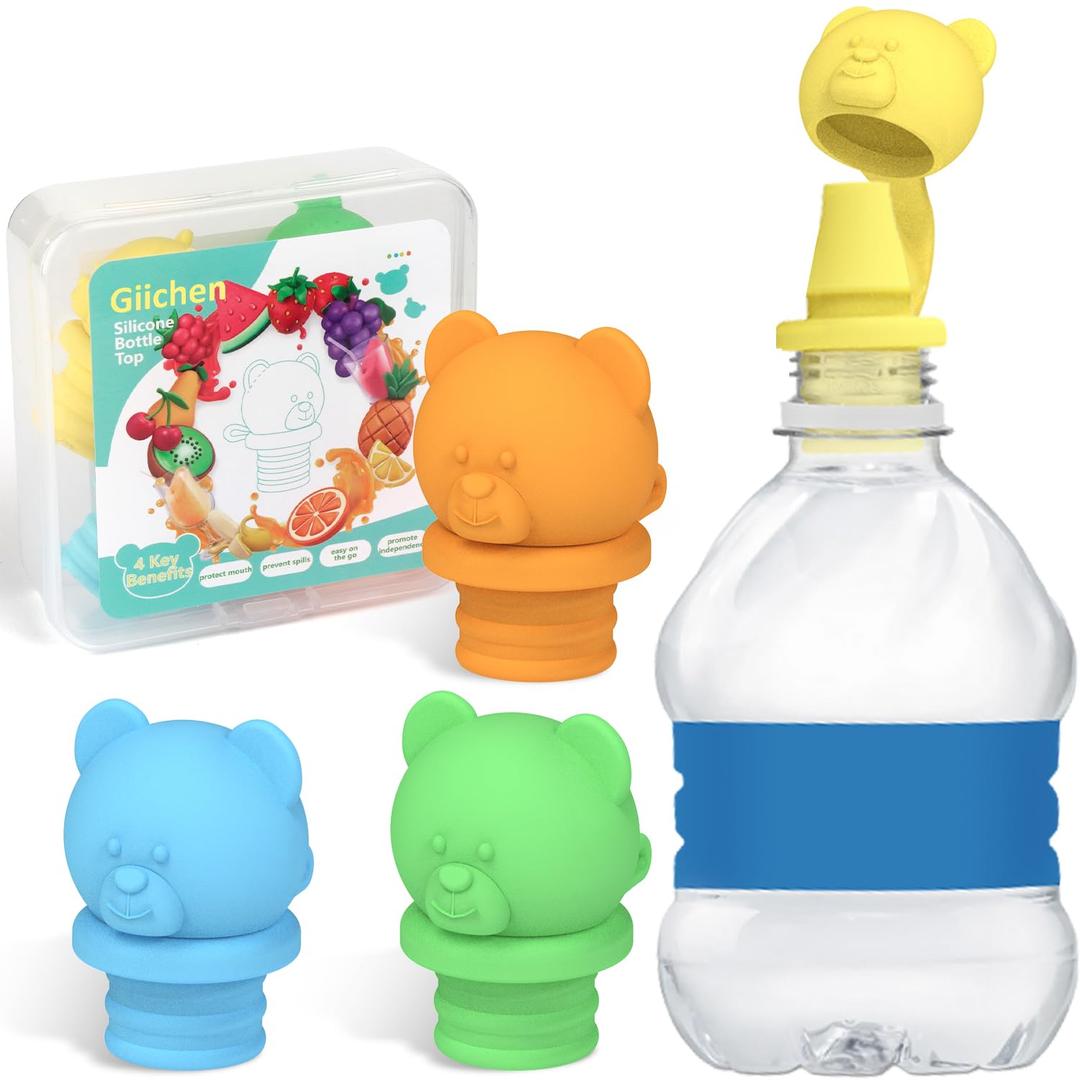 No Spill Water Bottle Caps - BPA Free Silicone Top Protects Child's Mouth, Replacement Spout Adapter for Toddlers to Adults - 4 Pack (Blue, Green, Yellow, Orange)