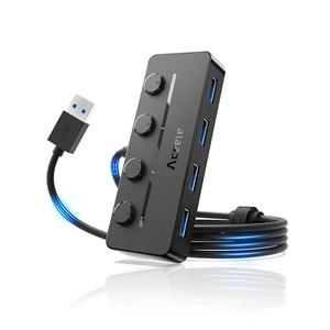 Aceele USB Hub 3.0 with Individual LED Power Switches & Type C Power Port, Multiport USB Splitter 3.0 with 4FT Long Cable, Slim & Portable USB Port Extender for Laptops, PC, MacBook, Mac Pro and More