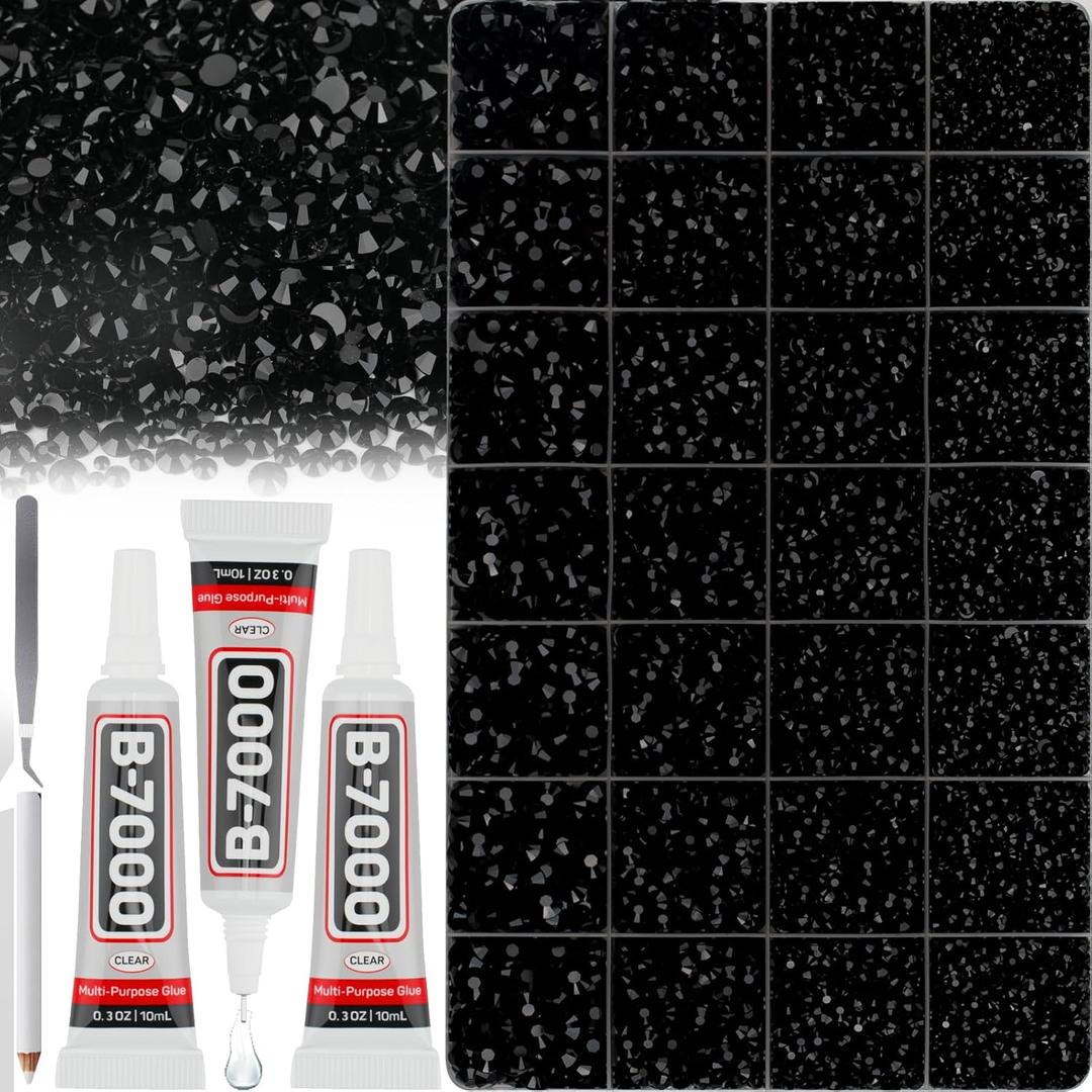 36000Pcs Black Rhinestones Gems for Bedazzling, Bedazzle Crystal Stones Resin Flatback Bedazzled Kit Flat Back Diamond Jewel Mixed 2-6MM with B7000 Glue for Crafting Clothes Clothing Crafts Decoration (Large Pack + 3Pcs Glue)