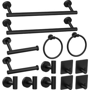 14-Pieces Matte Black Bathroom Accessories Set, Stainless Steel Bathroom Hardware Set, Bath Towel Bar Set, Towel Racks for Bathroom Wall Mounted