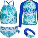 GRACE KARIN Girls Swimsuit Tankini Set Rash Guard Long Sleeve Swimsuit 4 Piece Bathing Suit Swimwear (10-12 Years, Royal Blue Coconut Tree)