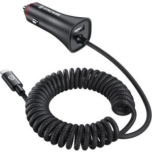 Syncwire iPhone Car Charger 32W Super Fast Car Phone Charger Cigarette Lighter USB Car Adapter with Build-in 5FT Coiled Lightning Cable for Apple iPhone 14/13/12/11/XR/Max, iPad