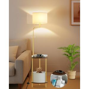 Lightdot 57IN Floor Lamp with Shelves, Mid Century Modern Standing Lamps with Bulb and Storage Bag Included, Gold Pole End Table with Linen Lampshade for Living Room, Bedroom, Office