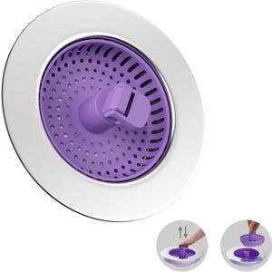 Hibbent Universal 3 in 1 Kitchen Sink Drain Strainer with Sink Stopper, Chrome Stainless Steel Wraped Shell, Anti-Clogging Basket Strainer, Foldable Handle, Fit for US Standard 3-1/2" Drain, Purple