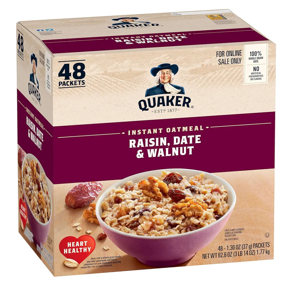 Quaker Instant Oatmeal, Raisin, Date and Walnut, Individual Packets, 1.30 Ounce (Pack of 48), BBD Jan 5 2027