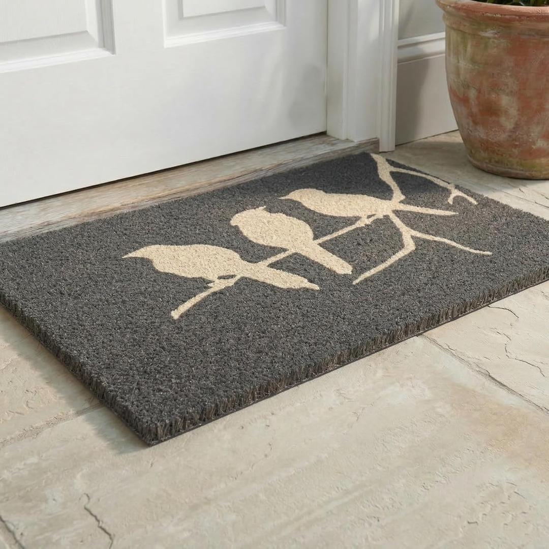 Fab Habitat Non Slip Doormat - Durable, Thin - Natural Coir & Rubber - Entryway, Front Door, Porch, Patio - Birds on Branch Gray (18" x 30" Non-Slip), Large - Extra Thin, Low Profile