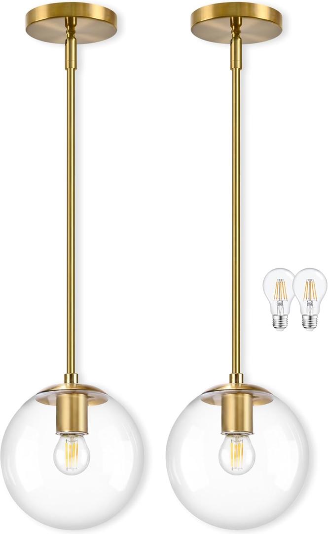 Bagood 8" Globe Pendant Light Gold 2 Pack Mid Century Pendant Light Globe Pendant Lights Kitchen Island Brushed Brass Finished with Clear Glass Adjustable Ceiling Light Fixtures for Dining Room Bar