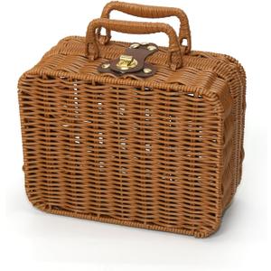 Mini Wicker Picnic Basket, Decorative Prop Suitcase Vintage Storage Hamper Makeup Organizer, 8.67" Metal Lock Plastic Rattan Storage Box with Handles for Sundries Travel Camping and Outdoor Party (Small, Brown)
