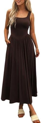 Mieazom Women's Summer Maxi Dress 2025 - Sleeveless Square Neck Casual Beach Sundress with Pockets, Flowy Patchwork Knit, S