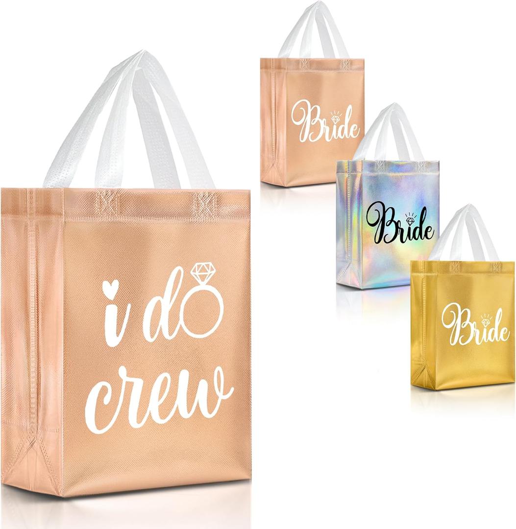 Nush Nush Set of 12 Reusable Rose Gold Bridesmaids Gift Bags - With 3 x Bride and 9 x I Do Crew Party Favor Bags - Wedding Favors, Bachelorette Party, Bridesmaid Gifts, Bridal Shower - 8" x 4" x10"