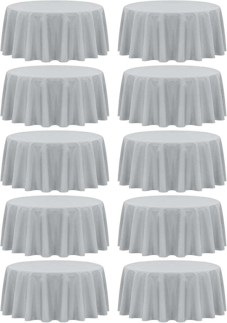 Fani 10 Pack 120 Inch Round Light Grey Polyester Tablecloth, Stain & Wrinkle Resistant, Perfect for 8ft Round Table, Wedding Party & Banquet