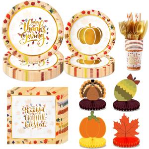 HOMDAILY 196 PCS Thanksgiving Plates and Napkins Dinnerware Sets, Thanksgiving Paper Disposable Plates for 24 Guests-Napkins, Cups, Tableware, 4 Honeycomb Centerpieces Table Decorations