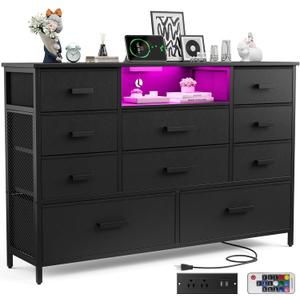 Dresser with Charging Station, Black Dresser for Bedroom with 10 Drawers, TV Stand Storage with LED Light for 55" TV, Fabric Drawers with PU Finish, Morden Chest of Drawers for Bedroom, Closet