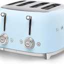 SMEG 4 Slice Toaster TSF03, Retro Stainless-Steel Toaster with Wide Slots for Bagels, 6 Browning Levels, Defrost Reheat Bagel Functions, Dual Controls, Crumb Trays, 1800W - TSF03PBUS - Pastel Blue