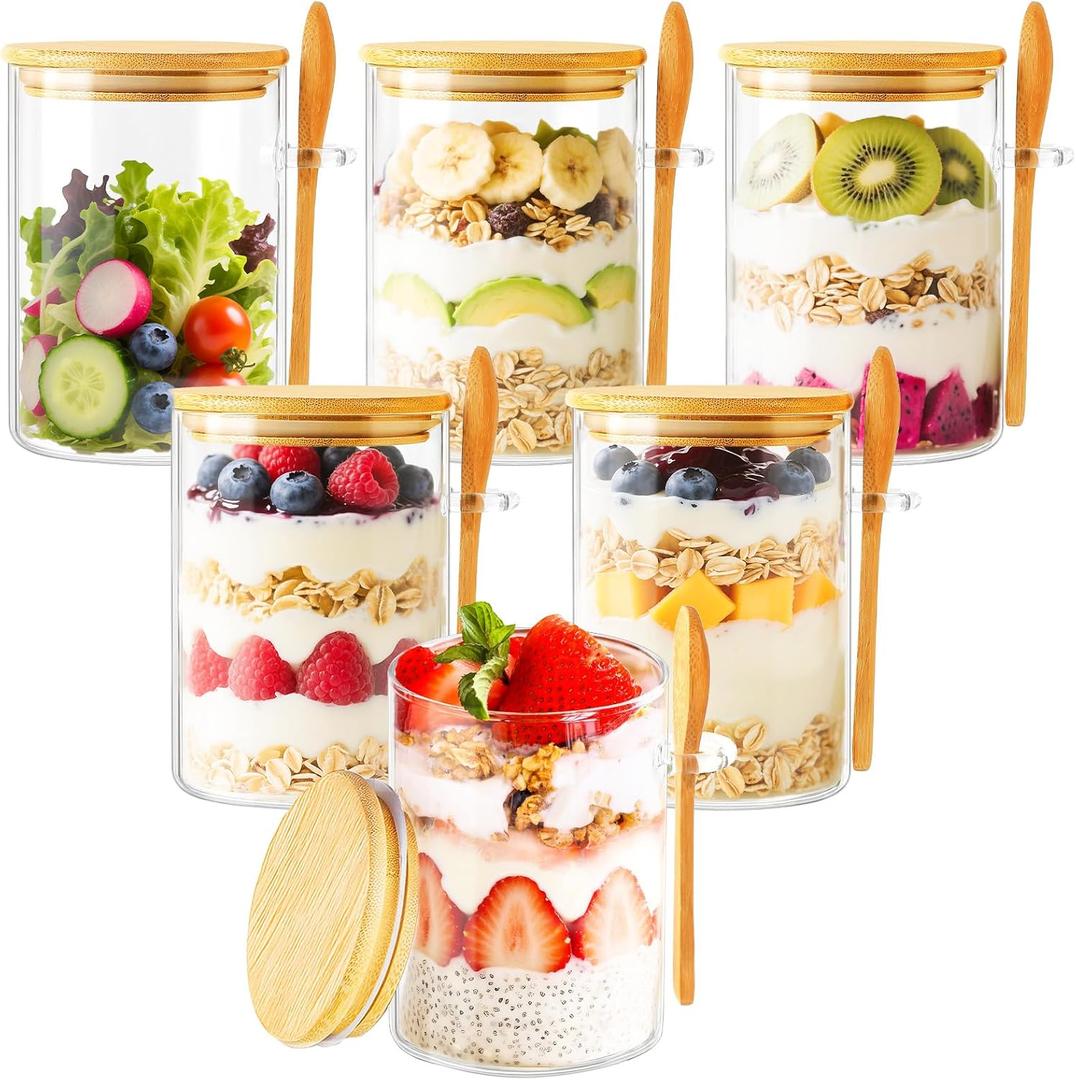 TBWIND 6 Pack Overnight Oats Containers with Lids and Spoons, 16oz Glass Jars with Bamboo Lids, Airtight Meal Prep Yogurt Containers for Breakfast, Parfait, Salad, Chia Pudding
